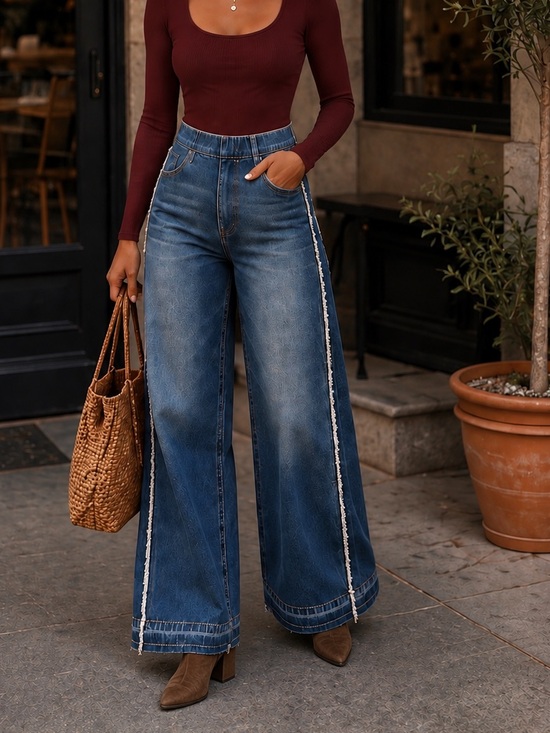 LYSSE Denim - Wide leg frayed hem pull on blue jeans Small LYSSE